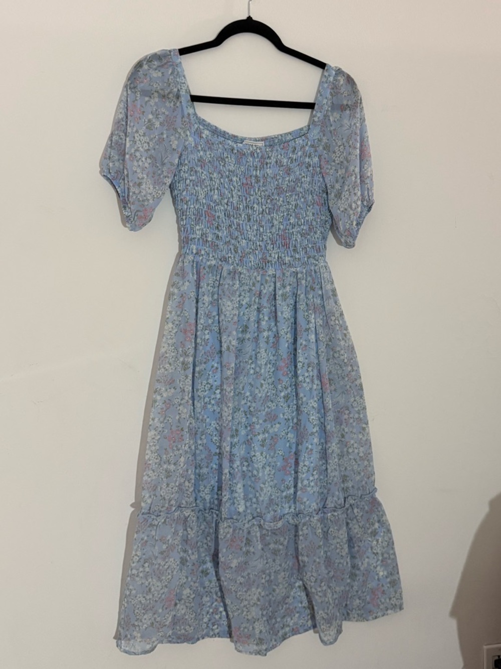 Light Blue Floral Midi Dress with Smocked Bodice